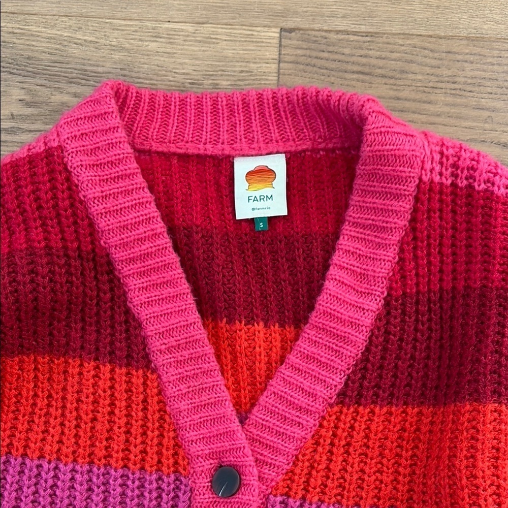 Farm Rio Striped Maxi Cardigan Red Pink Button Ribbed Acrylic Monochrome S - Picture 2 of 4